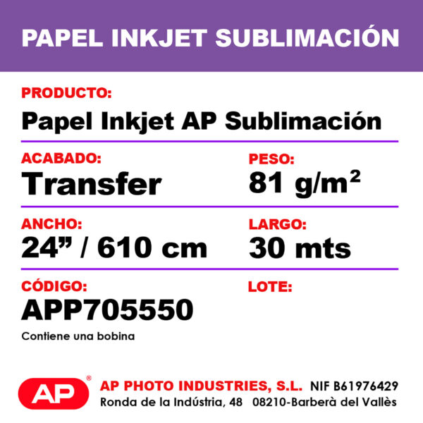 AP Papel Sublimación Transfer 81 grs. 24"/ 610mm x 30 Mts.