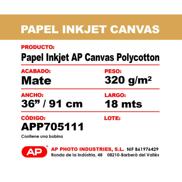 AP Papel Inkjet Canvas 330 grs. Polycotton Mate 36"