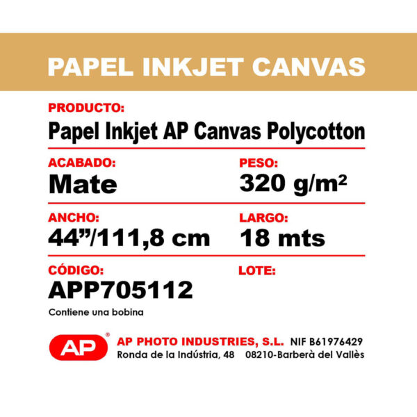 AP Papel Inkjet Canvas 330 grs. Polycotton Mate 44"